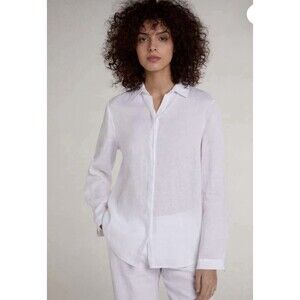 Oui Linen Top Size 8 White Classic $145 V Button Down Shirt Resort Wear Boho